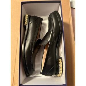 Stuart Weitzman Penrose Loafer W’s 9.5 Black Leather Gold Stud Heel New in Box